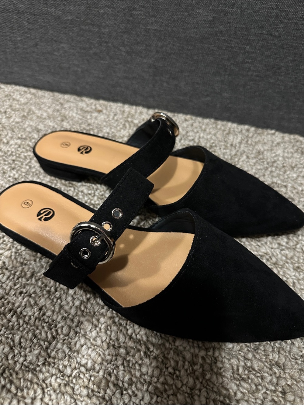 Trendy Black Pointed Mule Flats with Silver Buckle Strap
